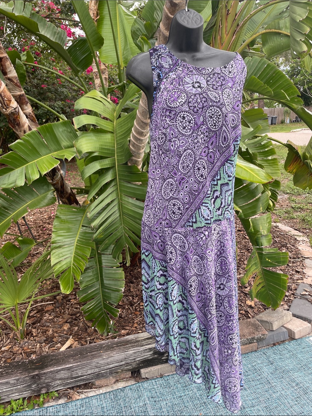 Drop waist snake print and bandanna print asymmetric dress